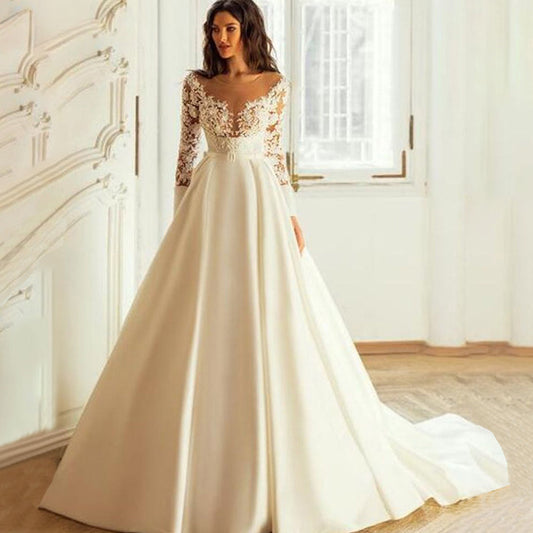 Elegant Wedding Dresses Long Sleeves For Women Princess A Line Bridal Gowns Custom Made Lace Appliques Satin Robe De Mariee-payinti