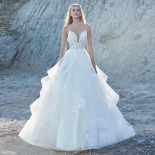 Delicate Ruffled Spaghetti Straps Wedding Dresses V-neck Appliques A-line Wedding Gowns Abito Da Sposa Customer Made-payinti