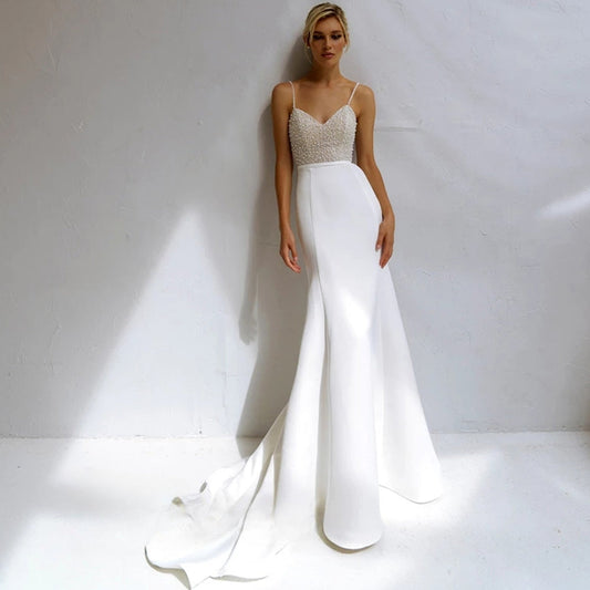 Shinning Sheath Pearl Wedding Dresses Spaghetti Strap Satiin Beads V-Neck For Women Robe De Mariée Formal Brides Gown-payinti