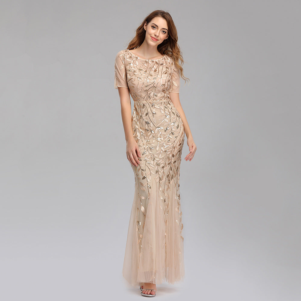 Summer Autumn Banquet Host Slim Mesh Sequ Evening Dress Fishtail Dress for Women