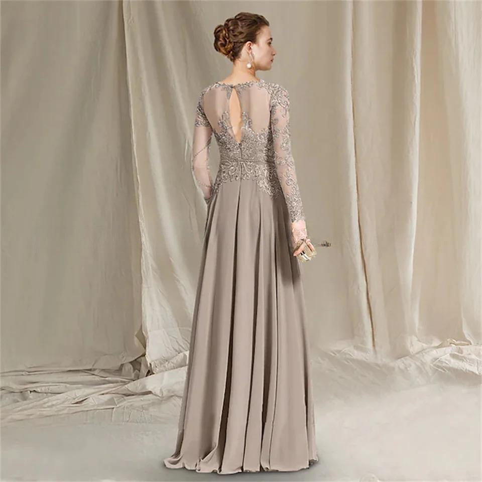 Elegant Mother Of The Bride Dress Long Sleeves Lace Chiffon A Line Summer Wedding Guest Dresses Mother Party Gown Sweep Train-payinti