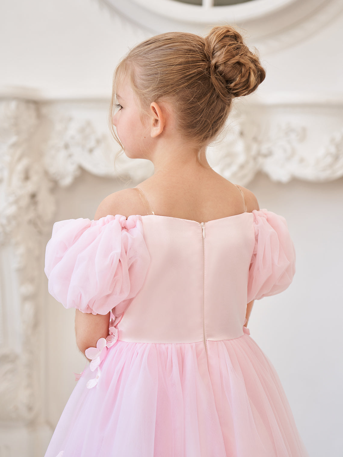 Vestido de tul para niña de las flores, largo hasta la rodilla, con mangas abullonadas y hombros descubiertos, apliques florales 3D