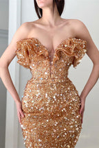 Long V Neck Pleated Sequins Mermaid Prom Dress With Slit