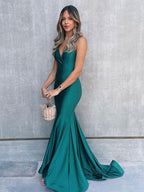 Simple Satin V Neck Mermaid Green Long Prom Dress, Green Evening Dress Y852