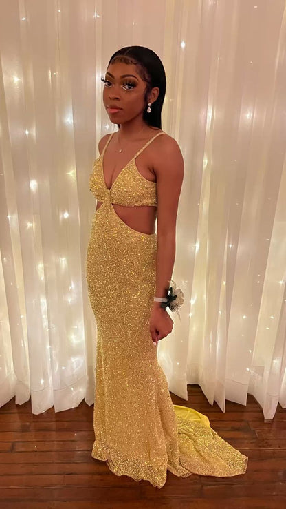 Sparkly Gold Sleeveless Mermaid Evening Dress,Sexy Prom Dress For Black Girls Y813
