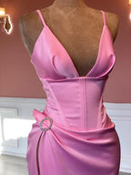 Elegante vestido de noche rosa sin mangas con tirantes finos, vestido de desfile rosa Y817