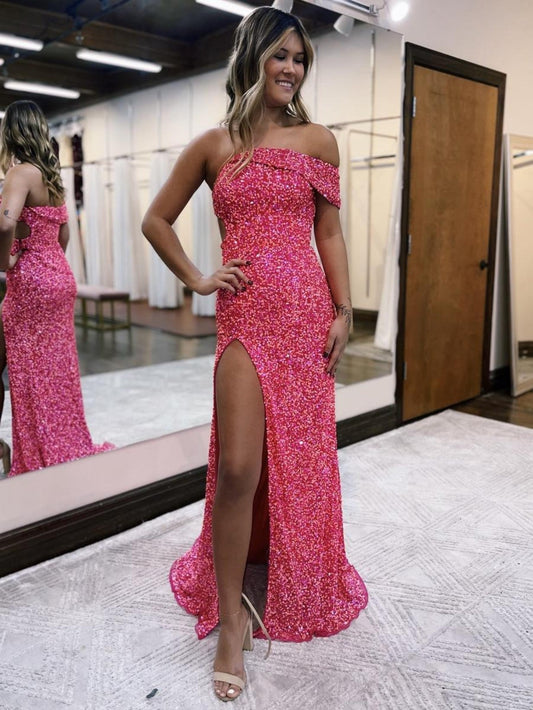 Glitzerndes Meerjungfrau-Abschlussballkleid mit einer Schulter und Schlitz in Rosa