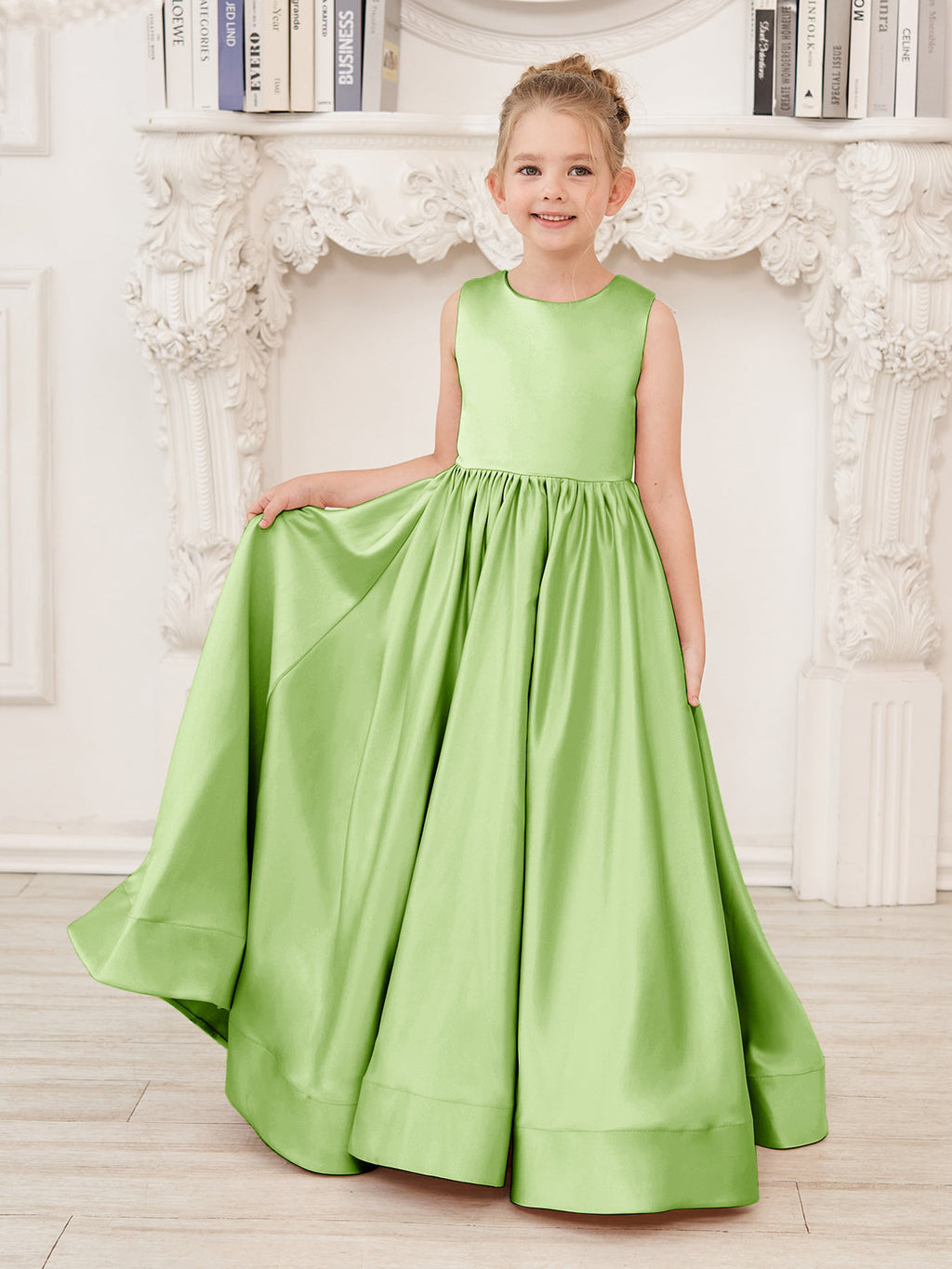 A-Linie Spitze Satin Bodenlang Blumenmädchenkleid 