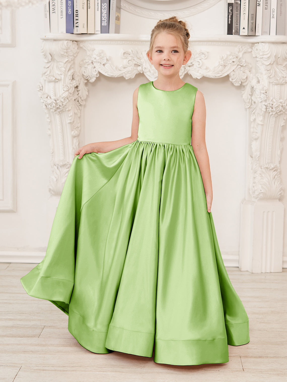 A-Linie Spitze Satin Bodenlang Blumenmädchenkleid 