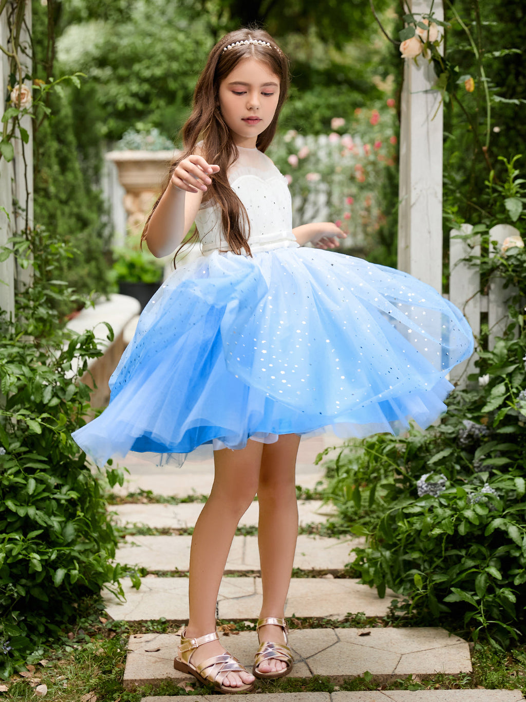 Vestido de fiesta/princesa de tul azul hasta la rodilla para niña de las flores
