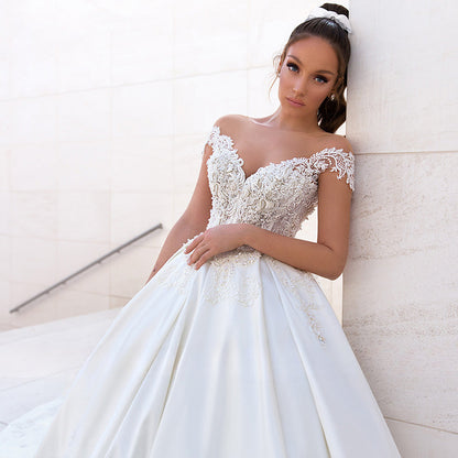 Sexy Off Shoulder Wedding Dresses A-Line Lace Applique Women's Elegant Sleeveless Beach Party Satin Beads Applique Bridal Gowns-payinti