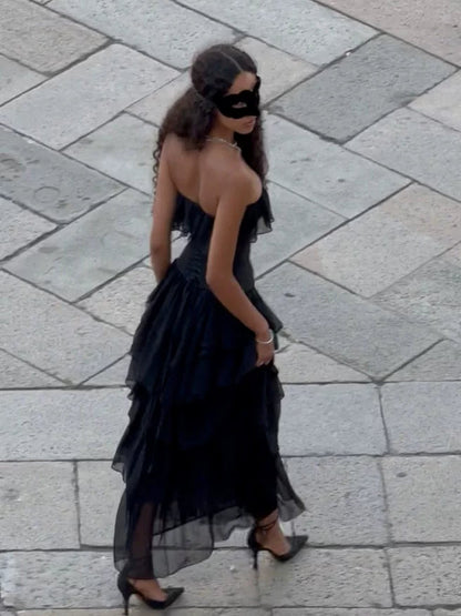 Vintage Black Strapless Ruffle Gown – Sheer Waist-Cinching Evening Dress for Gala & Runway