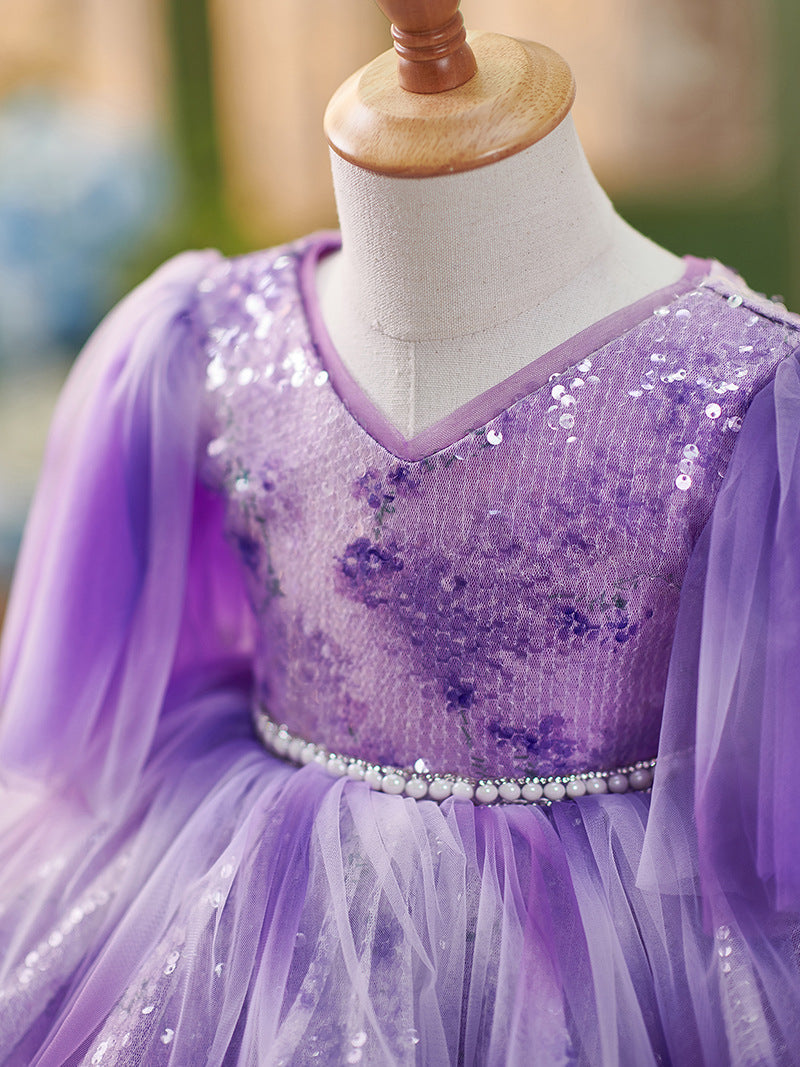 Lila Pailletten Tüll Knielanges Baby Mädchen Kleid 