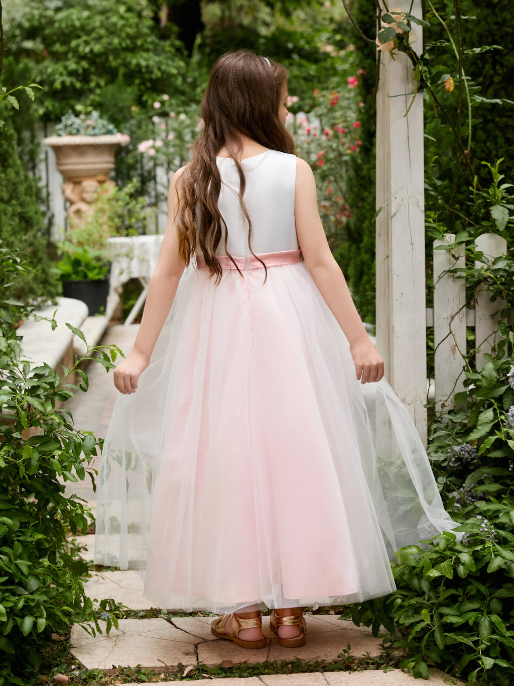 Vestido de niña de las flores de tul satinado con flores 3D hasta los tobillos