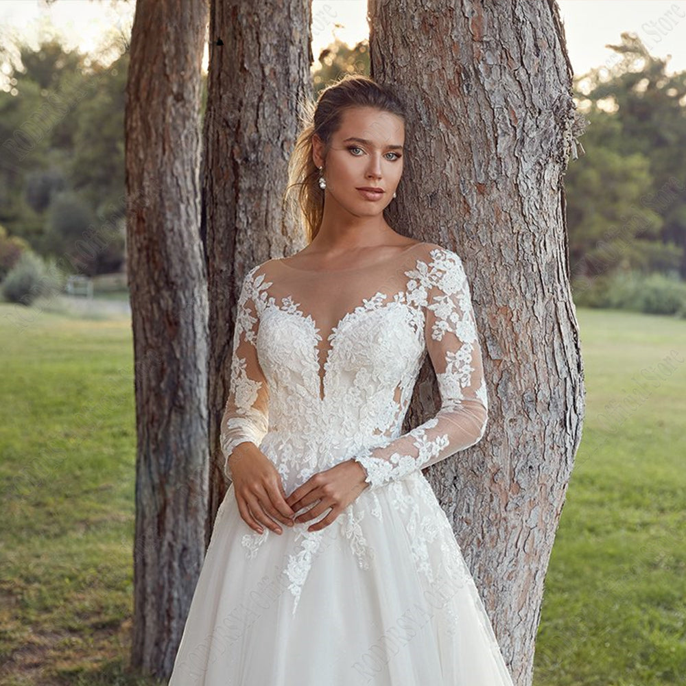 Pastrol Wedding Dresses For Woman Long Sleeves Illusion Back Scoop Bride Gowns Applique A-Line Tulle vestidos de novia-payinti