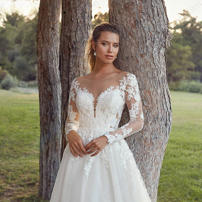 Pastrol Wedding Dresses For Woman Long Sleeves Illusion Back Scoop Bride Gowns Applique A-Line Tulle vestidos de novia-payinti
