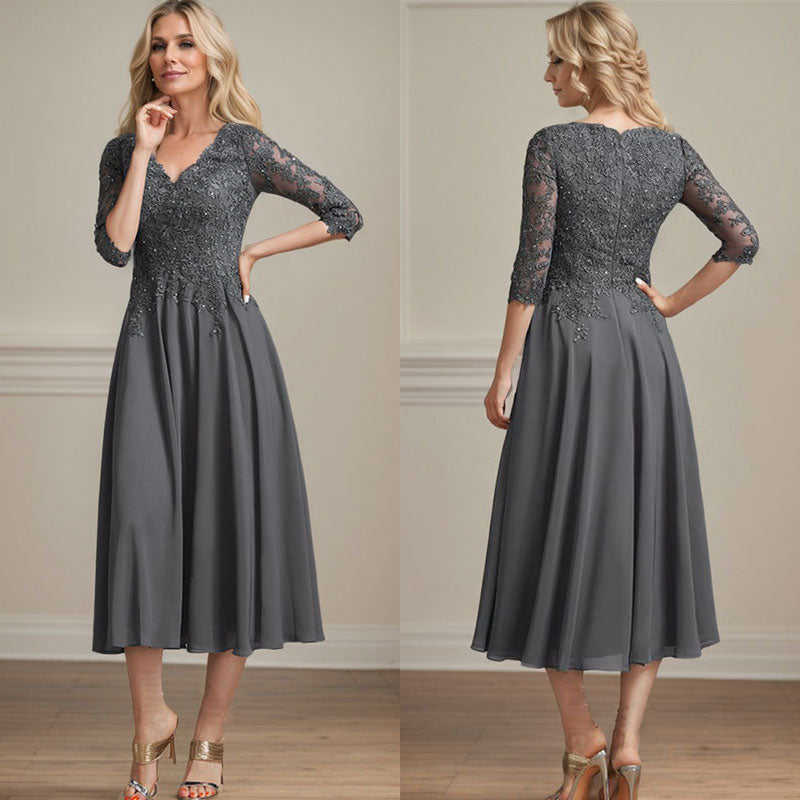 A-Linie V-Ausschnitt Wadenlanges Chiffon-Spitzenkleid für die Brautmutter mit Perlen und Pailletten 