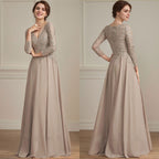 A-Linie V-Ausschnitt Bodenlanges Spitzen-Chiffon-Kleid für die Brautmutter mit Pailletten 