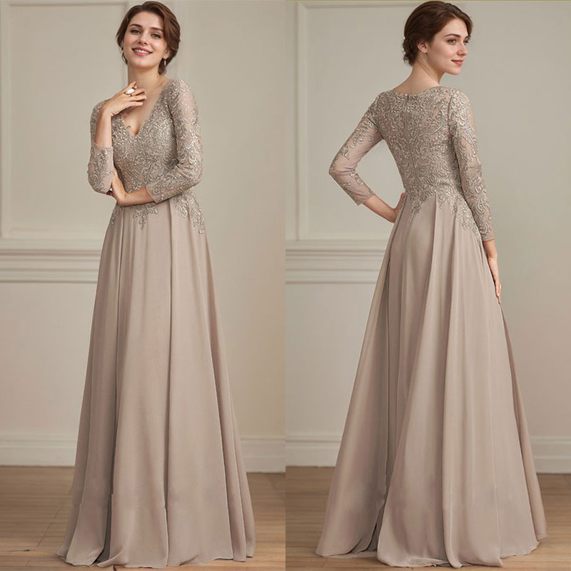 A-Linie V-Ausschnitt Bodenlanges Spitzen-Chiffon-Kleid für die Brautmutter mit Pailletten 