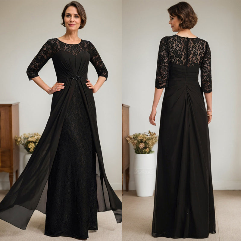 Vestido de gasa con encaje, ilusión, corte A, largo hasta el suelo, para madre de la novia, con volantes y cuentas