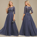 Vestido de madre de la novia de gasa con encaje, corte A, largo hasta el suelo y apliques de lentejuelas