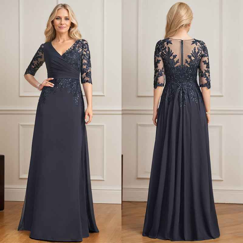 A-Linien-Kleid mit V-Ausschnitt, bodenlangem Spitzenchiffon und plissierten Pailletten 