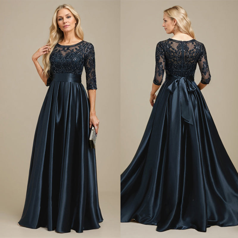Vestido de madre de la novia de satén elástico con encaje, corte A, escote ilusión, largo hasta el suelo, con lazo y lentejuelas