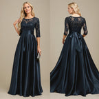 Vestido de madre de la novia de satén elástico con encaje, corte A, escote ilusión, largo hasta el suelo, con lazo y lentejuelas