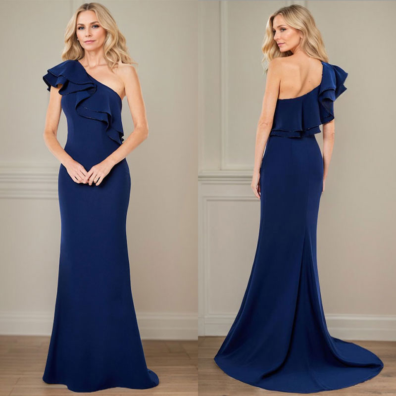 A-Linie One-Shoulder-Bodenlanges Chiffon-Kleid für die Brautmutter mit Rüschen 
