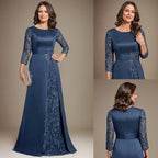 Vestido de madre de la novia de satén con encaje, corte A, largo hasta el suelo y apliques