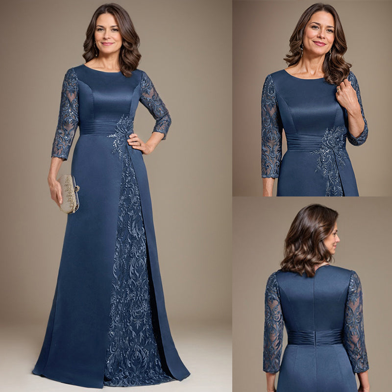Vestido de madre de la novia de satén con encaje, corte A, largo hasta el suelo y apliques