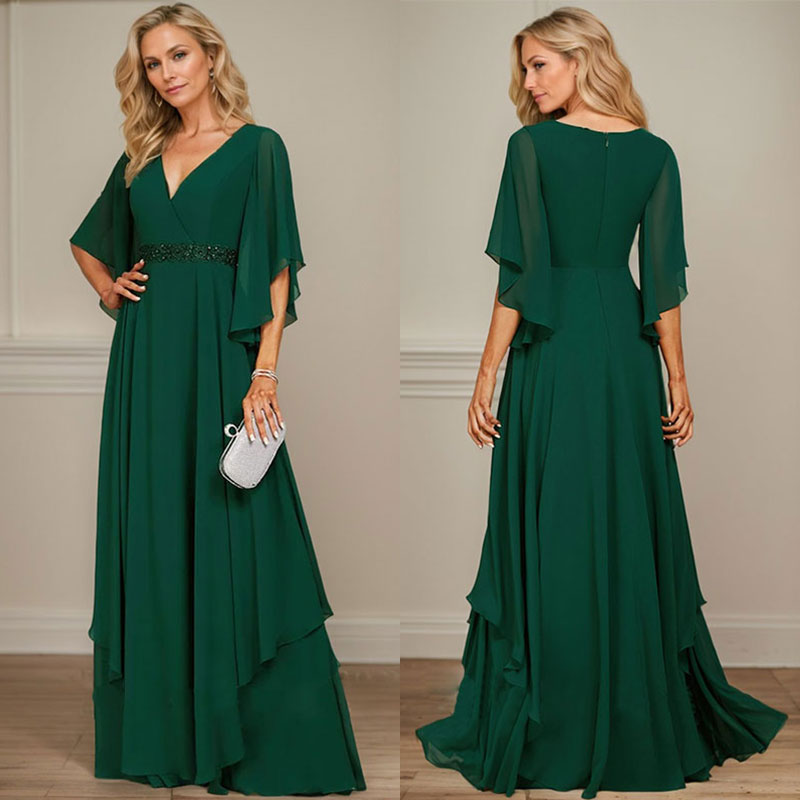 Vestido de gasa para madre de la novia, corte A, escote en V, largo hasta el suelo, con apliques de lentejuelas, encaje y abalorios