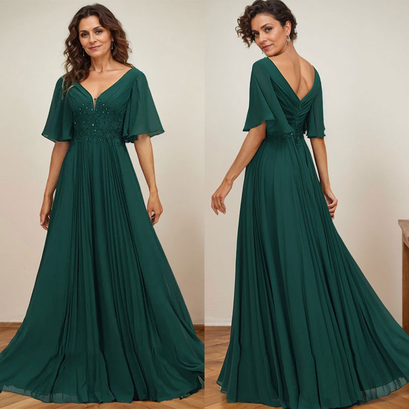 Vestido de gasa para madre de la novia, corte A, escote en V, largo hasta el suelo, con apliques de lentejuelas y encaje plisado
