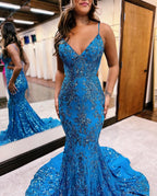 Blaues Ballkleid mit Pailletten und Applikationen, Meerjungfrau, ärmellos, Spaghettiträger 