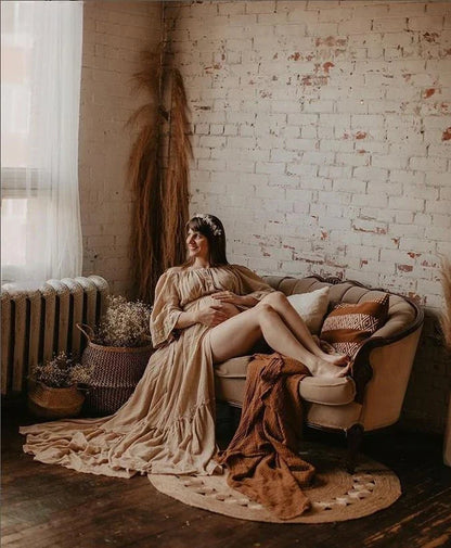 Schulterfreies Umstandskleid mit Rundhalsausschnitt, ausgestellten Ärmeln, Fotografie-Kleid, Babyparty-Kleid für Schwangere 
