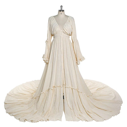 Deep V Neck Long Sleeves Maternity Dresses for Photo Shoot with Front Buttons and Adjustable Waist Sunnderly SY211202