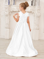 A-Linie Spitze Satin Bodenlang Blumenmädchenkleid 