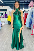 Romi | Mermaid Halter Dark Green Satin Long Prom Dresses with Beads