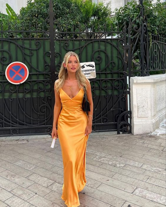 Vestido de fiesta naranja con escote en V y corte sirena, vestido de noche naranja Y7233