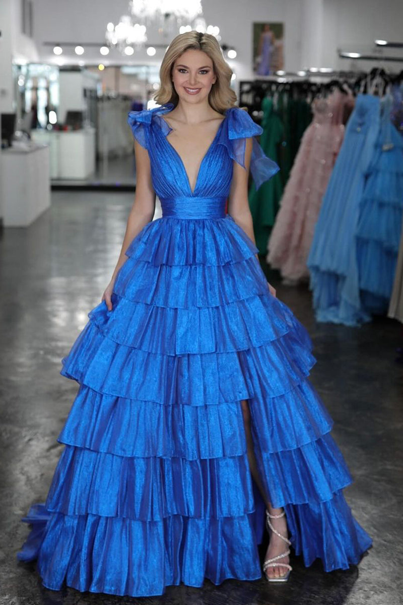 RGlitter Tie Straps Pink Plunging Neck Tiered Long Prom Dress