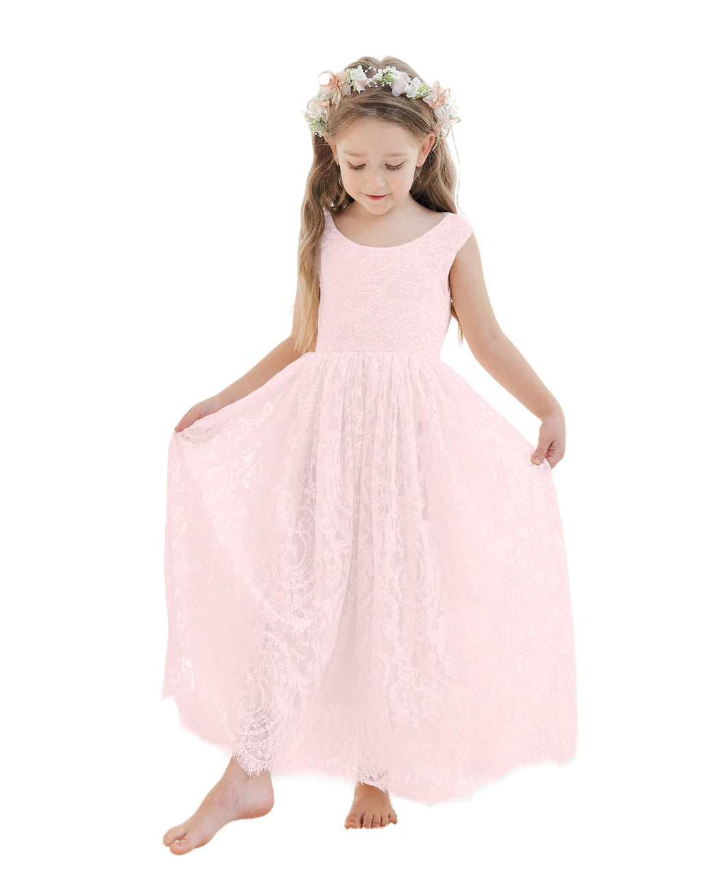 A-Linien-Spitze Knöchellanges Elfenbein Boho Blumenmädchenkleid 