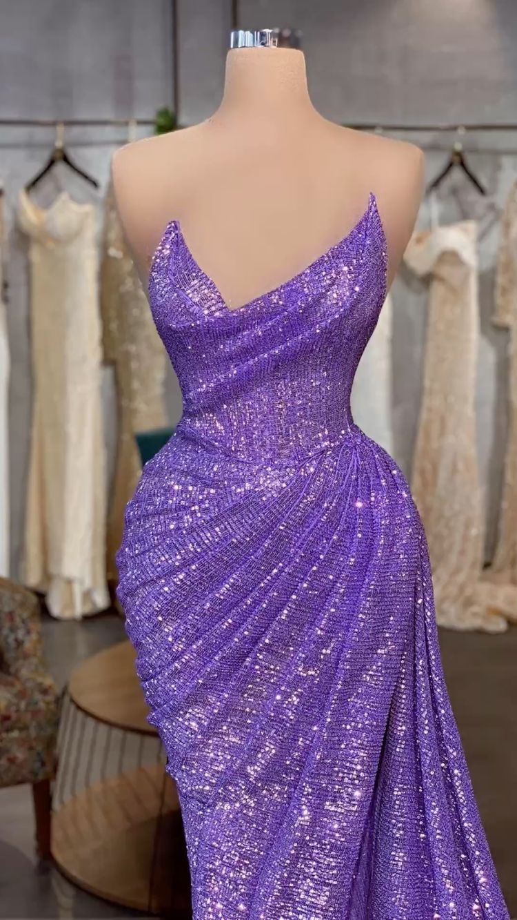 Hellviolettes langes Ballkleid mit Pailletten und abnehmbaren Ärmeln, charmantes Abendkleid Y711
