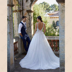 Sleeveless Wedding Dress For Women Tulle V-Neck Bridal Gown Illusion Backles A-line Vestido De Noiva Spaghetti Straps-payinti