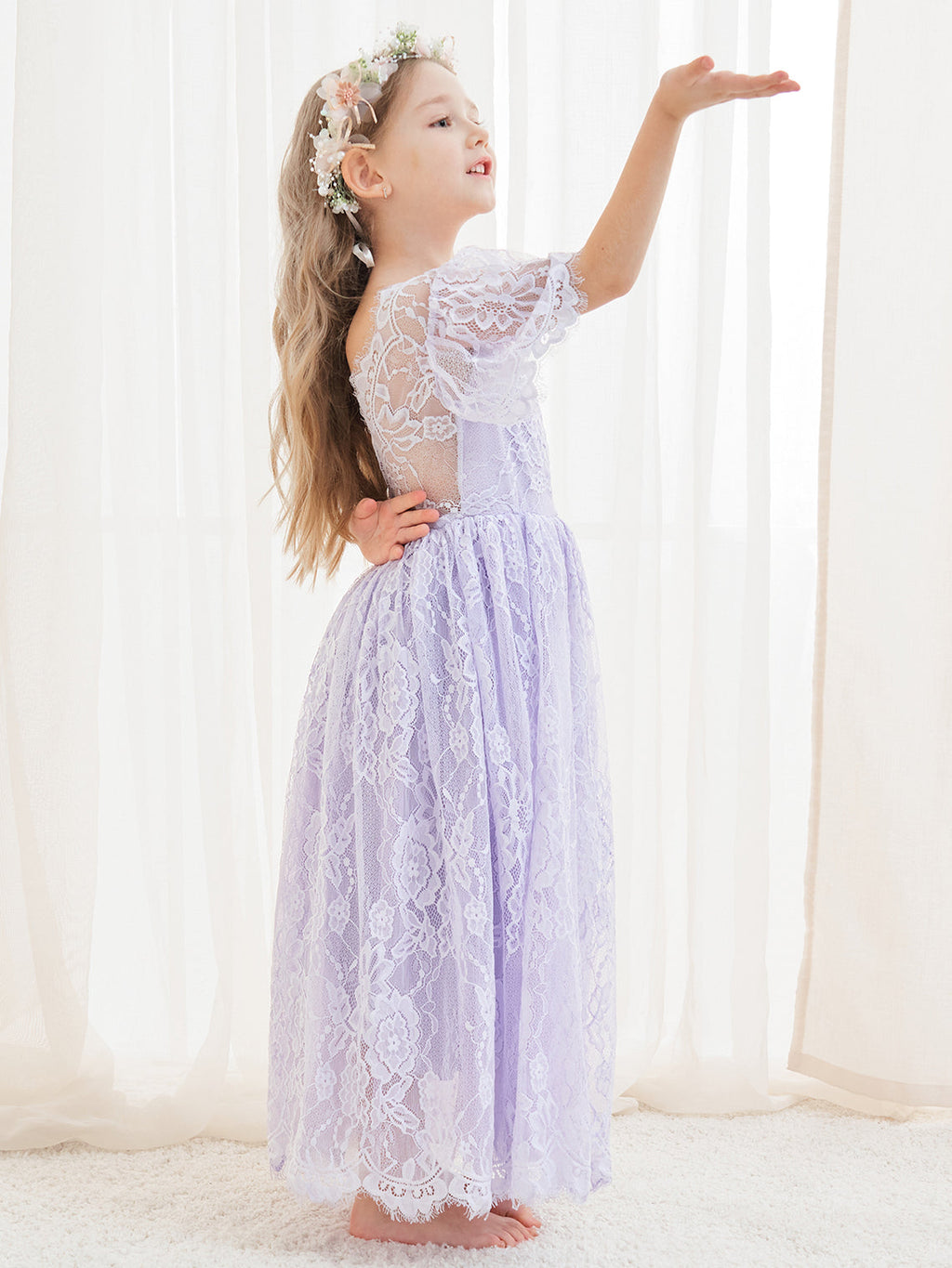 A-Linien-Spitze Knöchellanges Elfenbein Boho Blumenmädchenkleid 