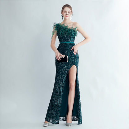 Heavy Industry Ostrich Hair Craft Beading Evening Dress with Side Slit