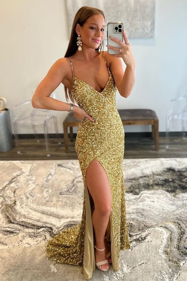  Charming Mermaid V Nekc Gold Sequins Long Prom Dresses with Slit
