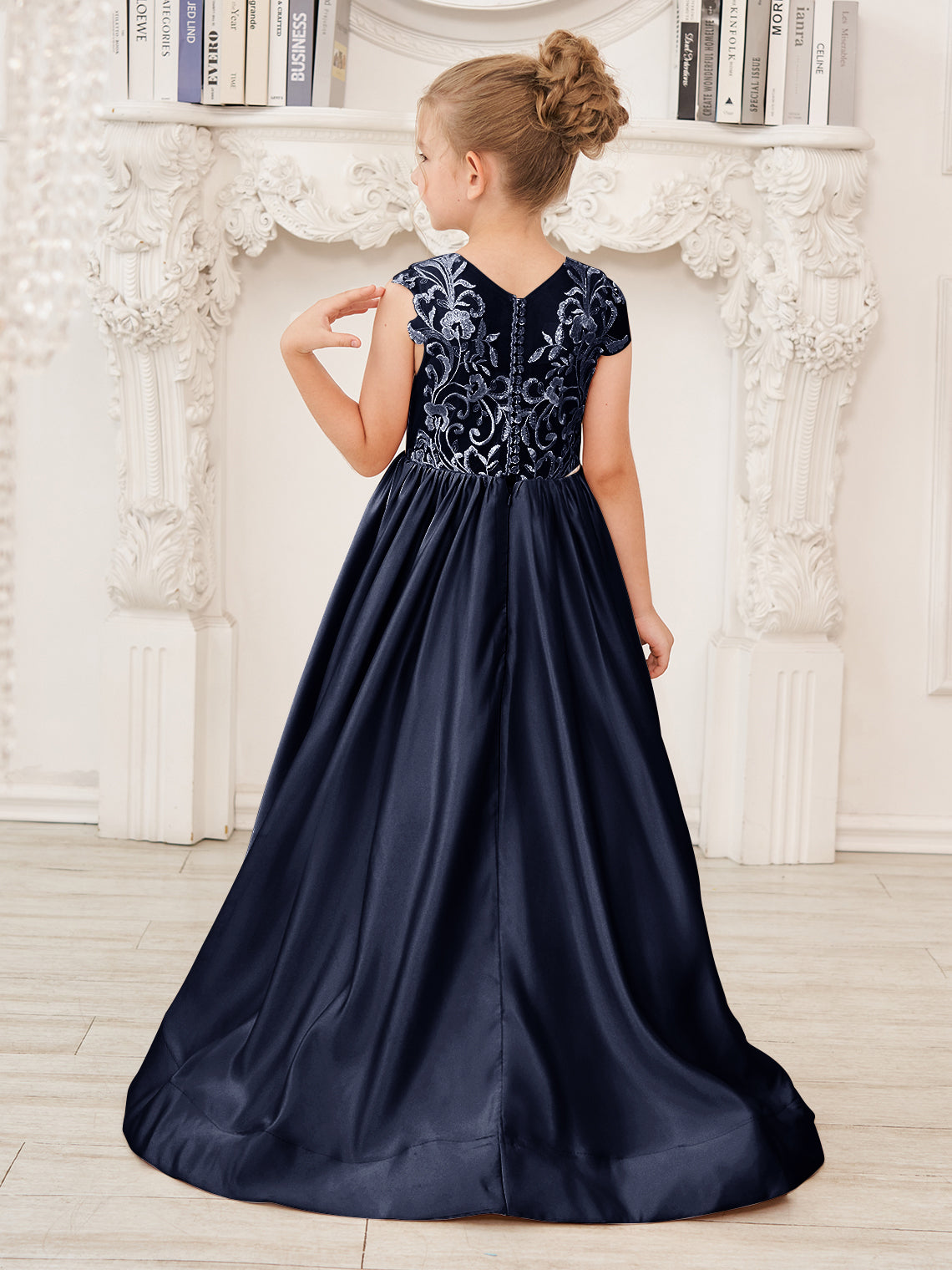 A-Linie Spitze Satin Bodenlang Blumenmädchenkleid 