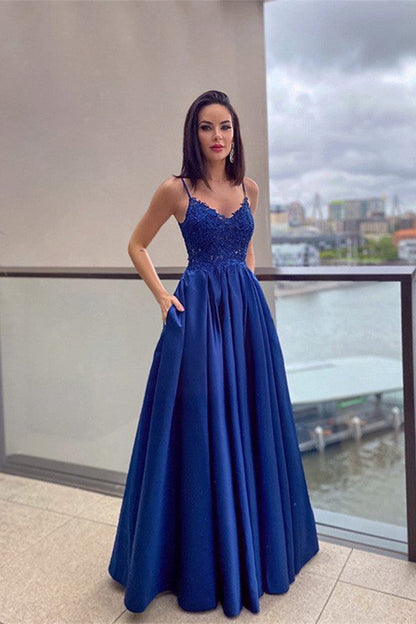 Regal Blue Spaghetti Straps Lace Applique Prom Dress with Elegant Pockets