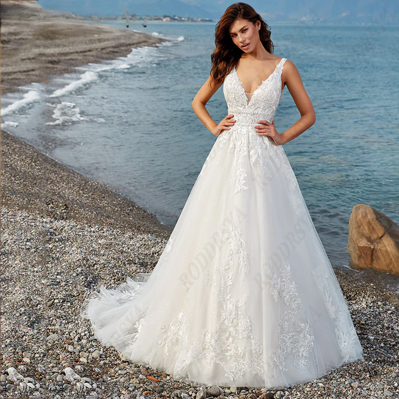 Elegant A-line Wedding Dress For Women Dreamy V-Neck Backless Bride Party Vintage Tulle Vestido De Noiva Minimalistas-payinti
