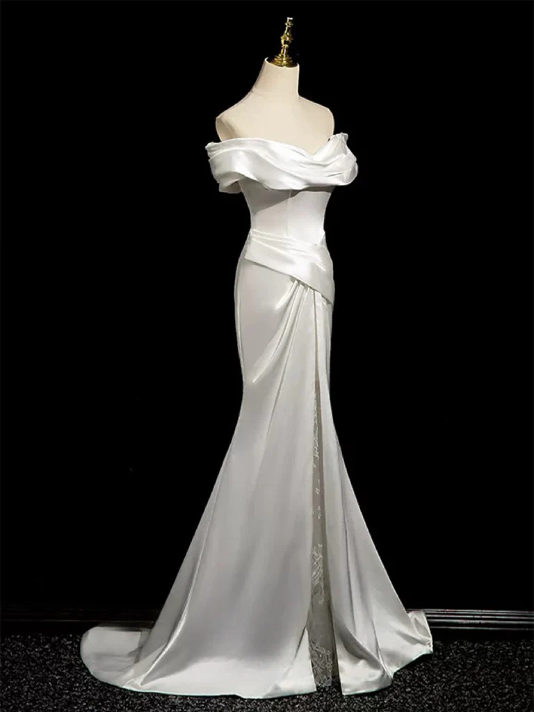 Vestido de noche largo de satén blanco con hombros descubiertos y corte sirena, vestido de novia formal Y8047